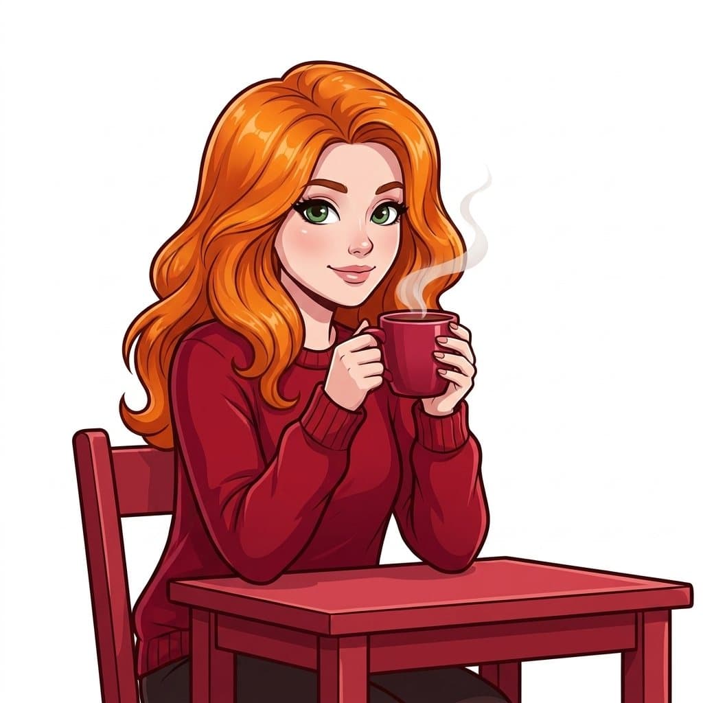 Celeste illustree, une tasse entre les mains
