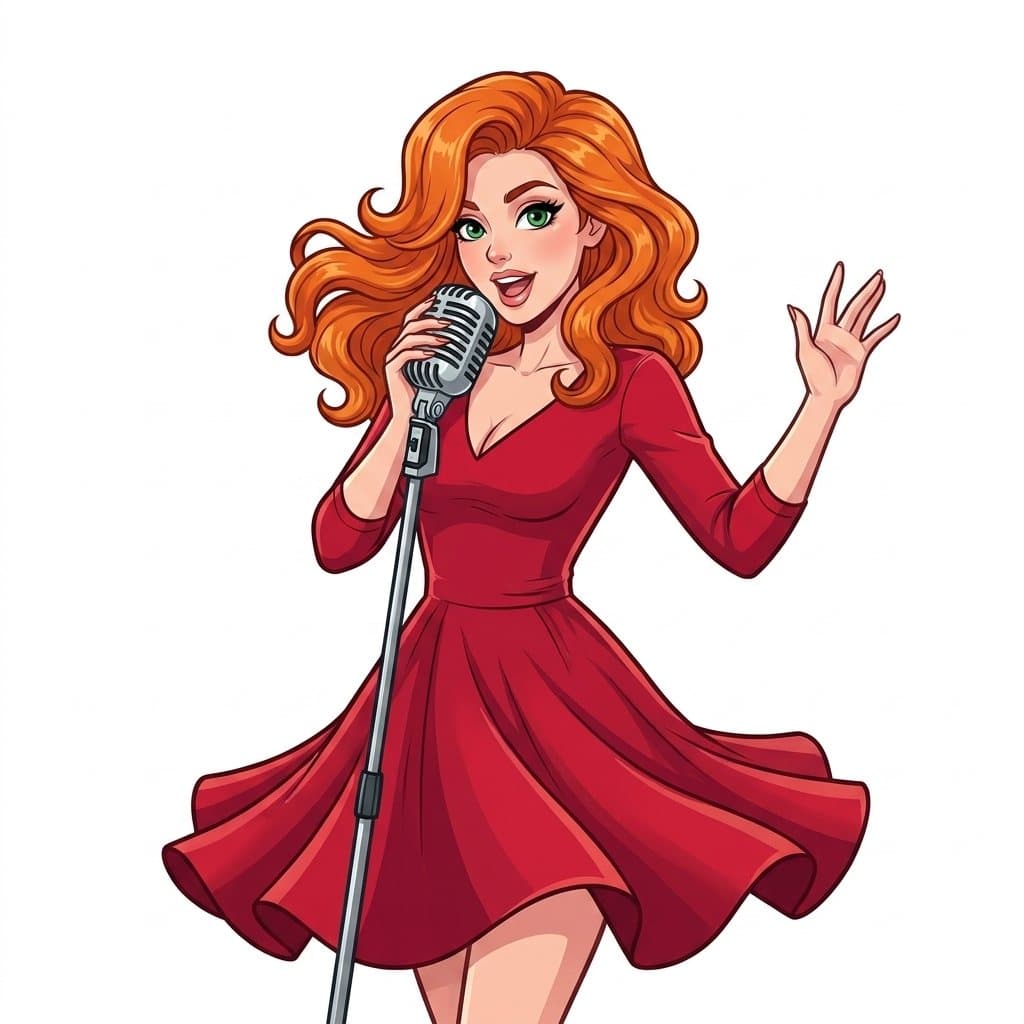 Celeste illustree, chantant au micro vintage