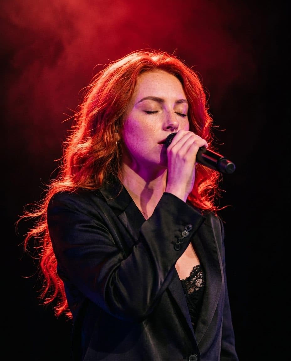 Celeste on stage, mic in hand, backlit in red through heavy smoke.