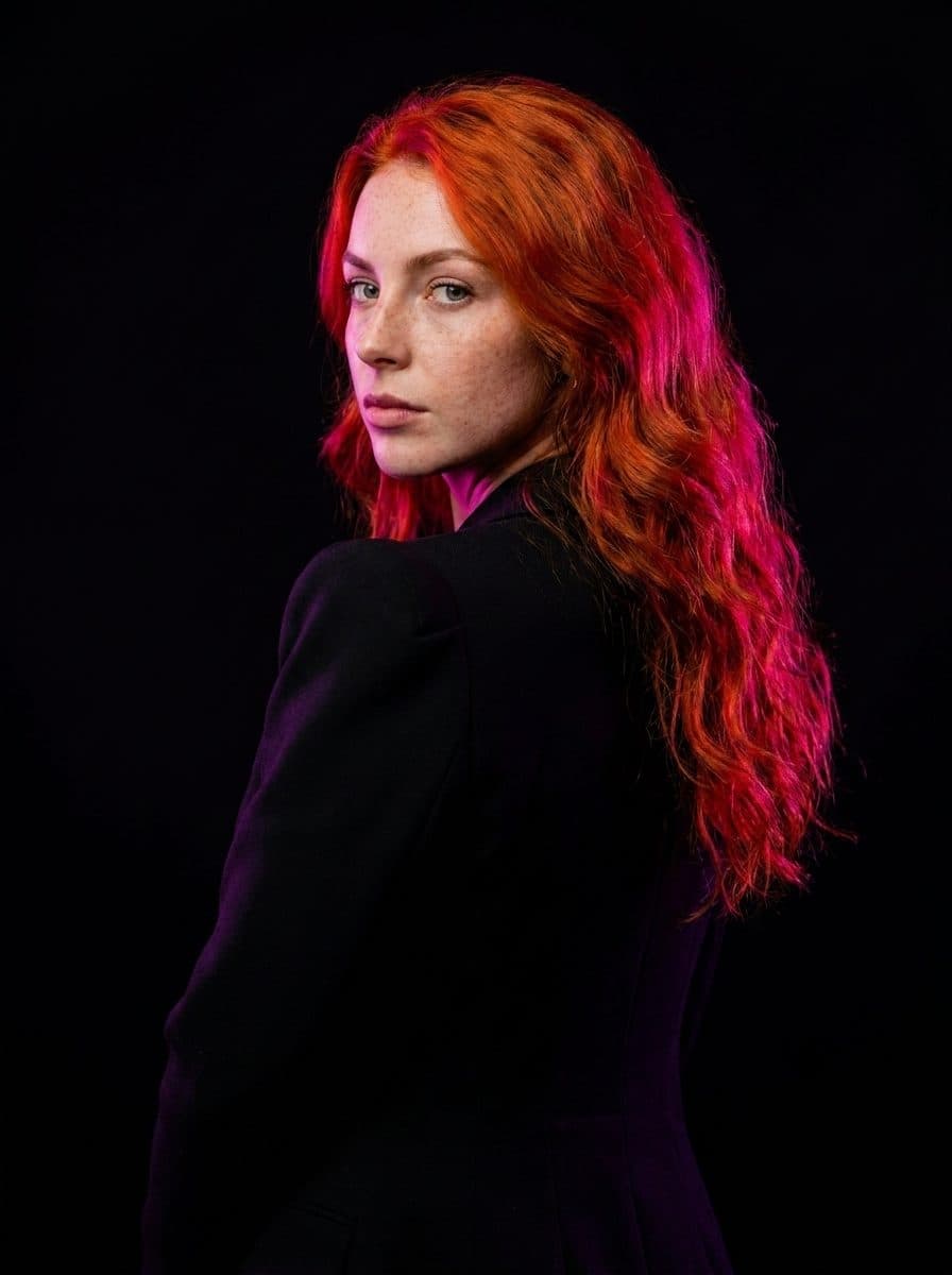 Celeste de dos, tête tournée vers l'objectif, lumière magenta sur la nuque.