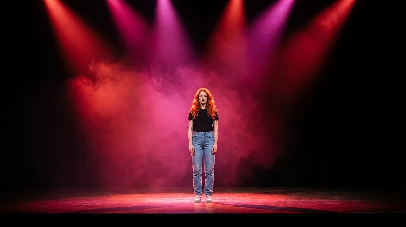 The stage seen from the wings, red spotlights sweeping the smoke, Celeste’s silhouette at the centre.