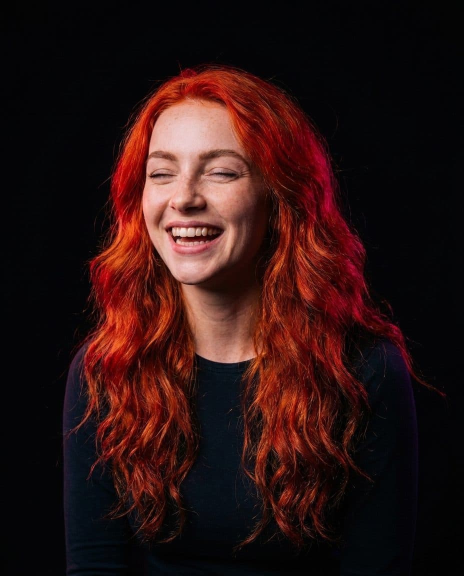 Celeste en plein rire, yeux fermes